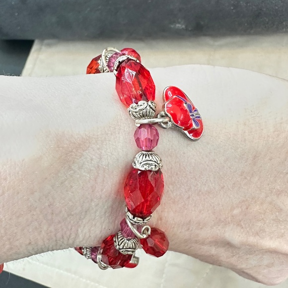 2/$15 Silver Tone & Red Bead Charm Bracelet. Red Hat Society charms. - Picture 6 of 11